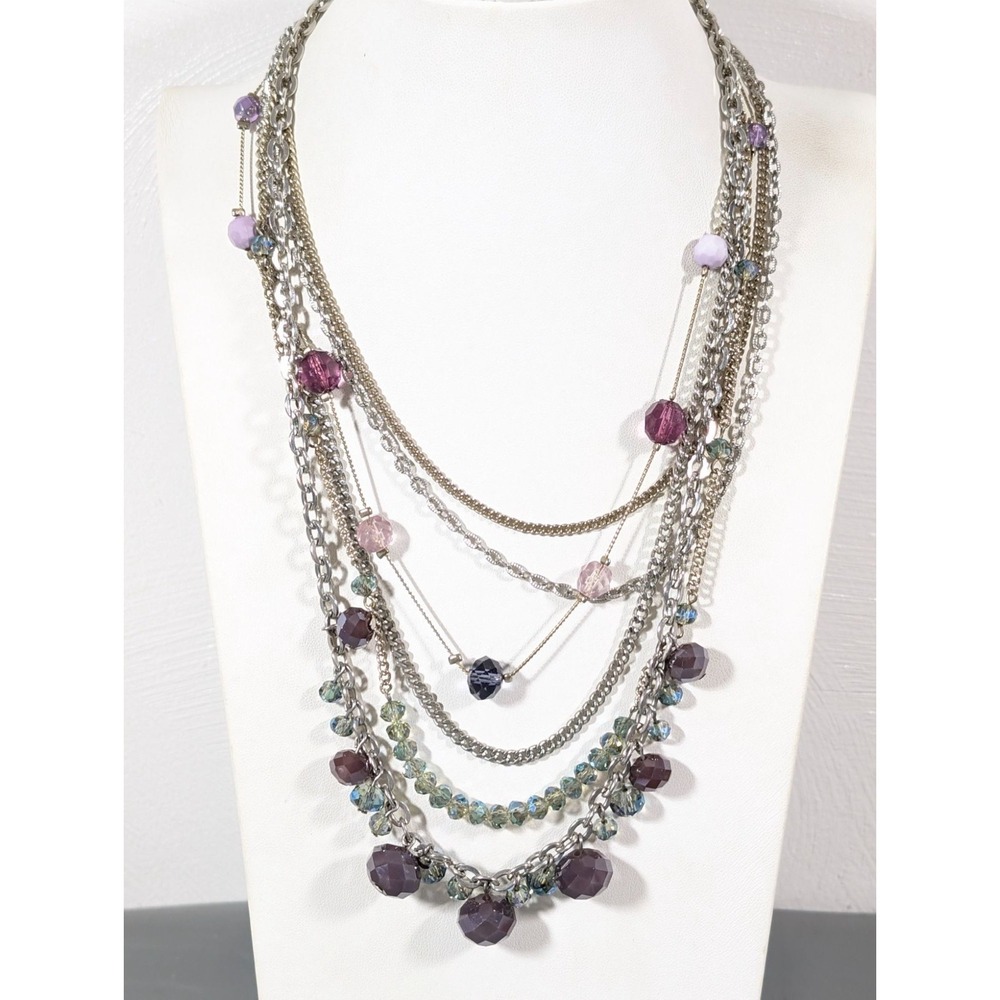 Beachy Coastal Chic Purple Glass Two Tone Multi Chain Necklace 19" Statement